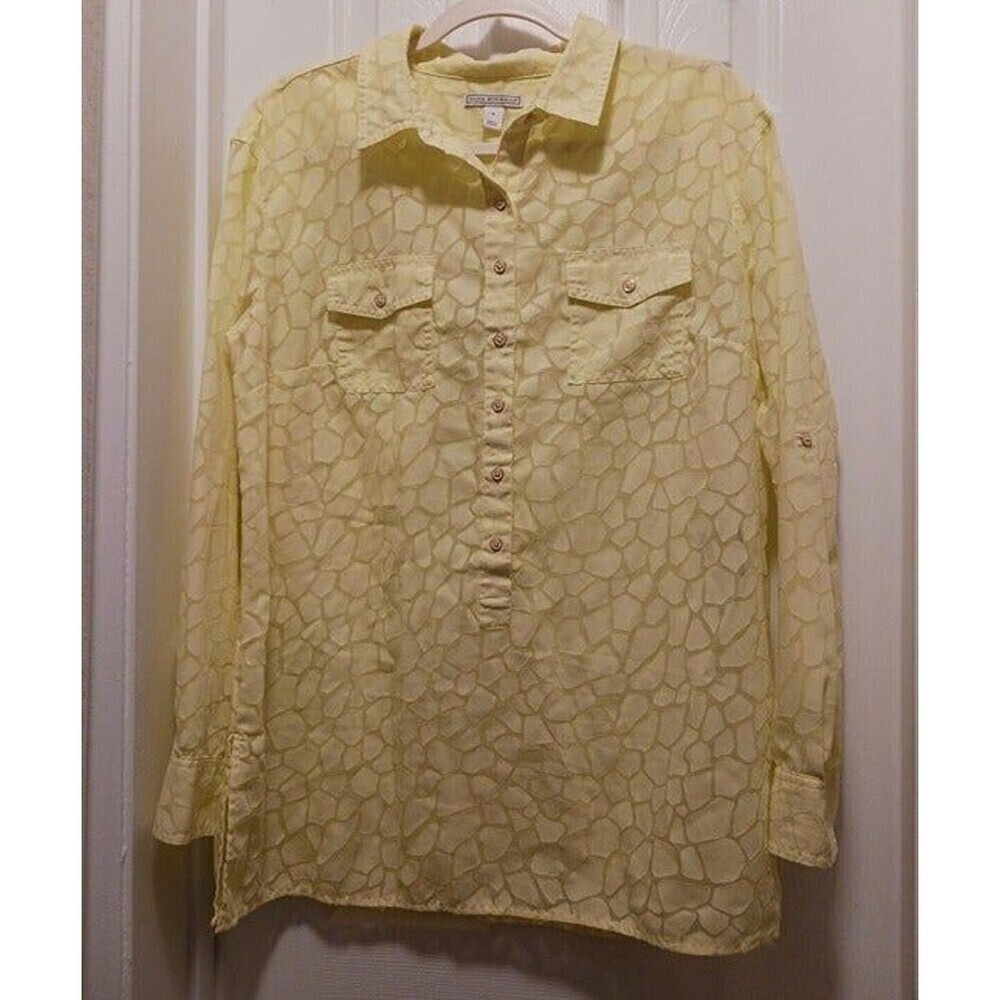 Dana Buchman‎ Womens Button Up Yellow Shirt Long Sleeve Lace Inset Size L